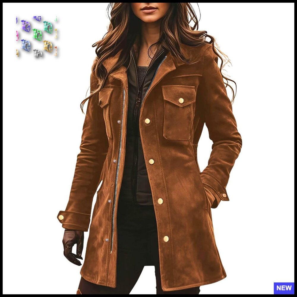 Retro Faux Suede Leather Jacket Zip Up Military Utility Safari Shacket Midi Long